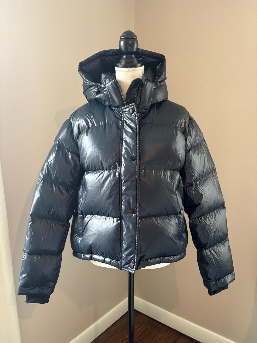 QUINCE Responsible Down Cropped Puffer Jacket Shiny Black Large - Picture 6 of 16